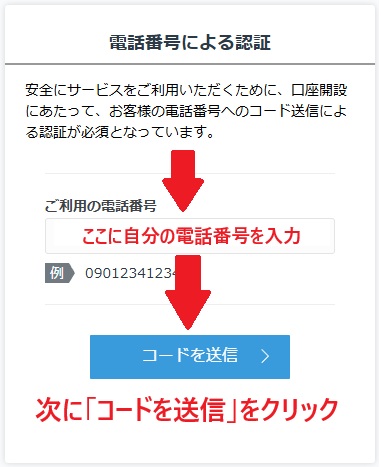 GMOの口座開設の電話番号による認証コード送信